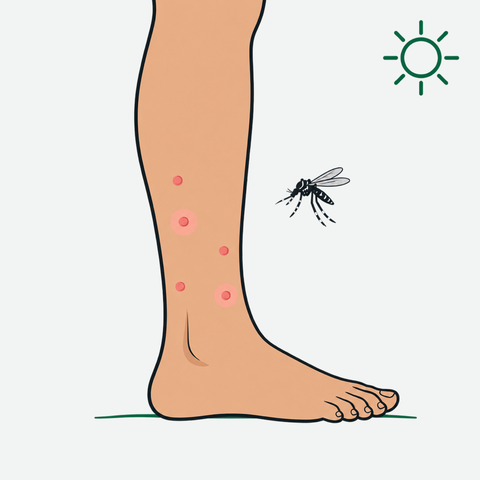 Illustration: a lower leg with several red mosquito bites around the ankle and calf, a black-and-white striped mosquito flying nearby, and a sun for daytime